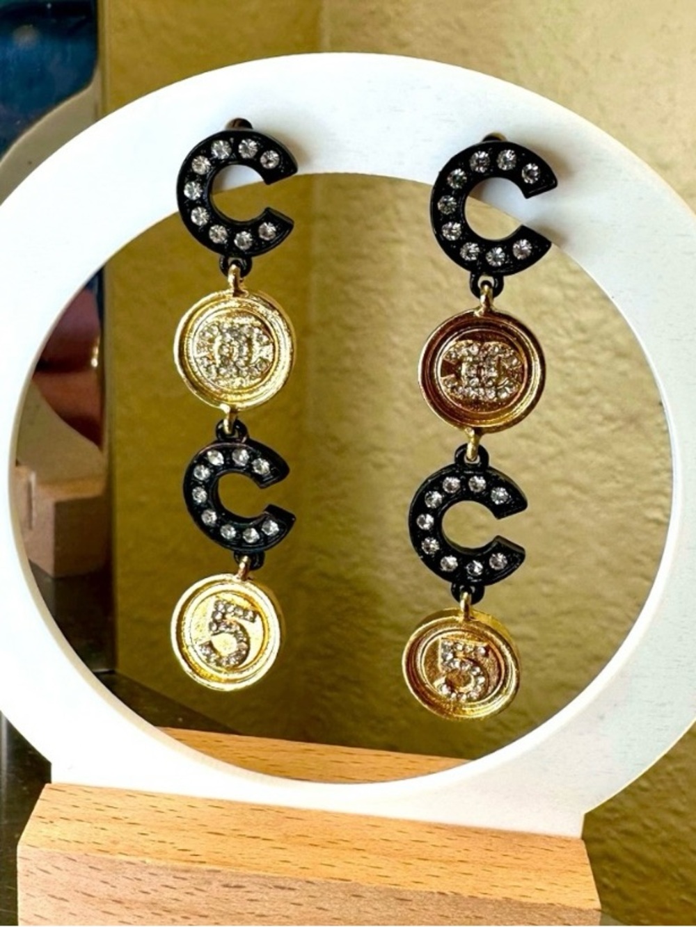 ChaneI CoCo 5 Black and Gold-Tone Dangle Earrings
